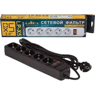 Фильтр-удлинитель сетевой LogicPower LP-X5, 5 розеток, черный, 3,0 м (10А)