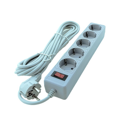 Сетевой фильтр 5 гнезд с заземлением, 5 м Серый