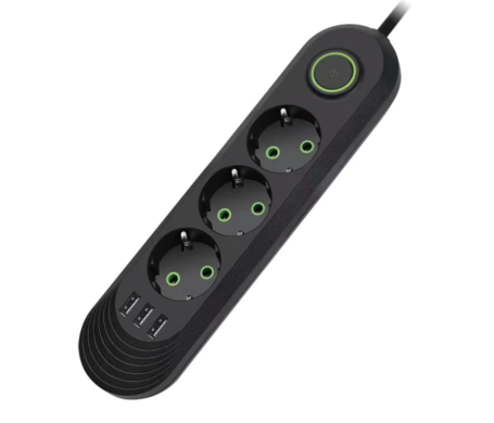 МЕРЕЖЕВИЙ ФІЛЬТР F03U, 3РОЗЕТКИ EU+3USB, 1,5М, Чорний