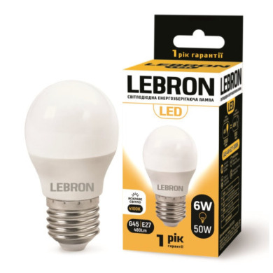 LED ЛАМПА LEBRON L-G45, 6W, 220V, Е27, 4100K, 480LM