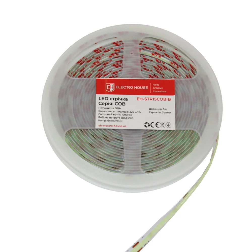 LED стрічка 10Вт 24В COB 320 діодів, блакитний, серія COB, гарантія 3 роки ElectroHouse EH-STR15COBIB — фото 2