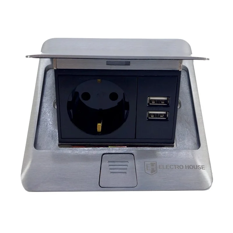 Розетка для підлоги з заземленням врізна 16А + 2USB 2.1А, IP44 , алюміній