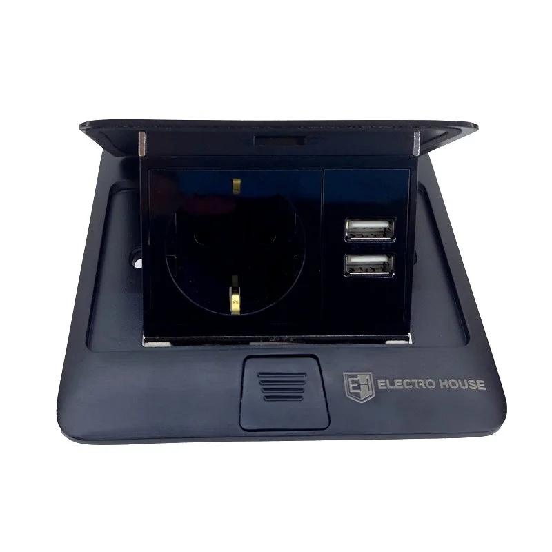 Розетка для підлоги з заземленням врізна 16А + 2USB 2.1А, IP44 , чорний