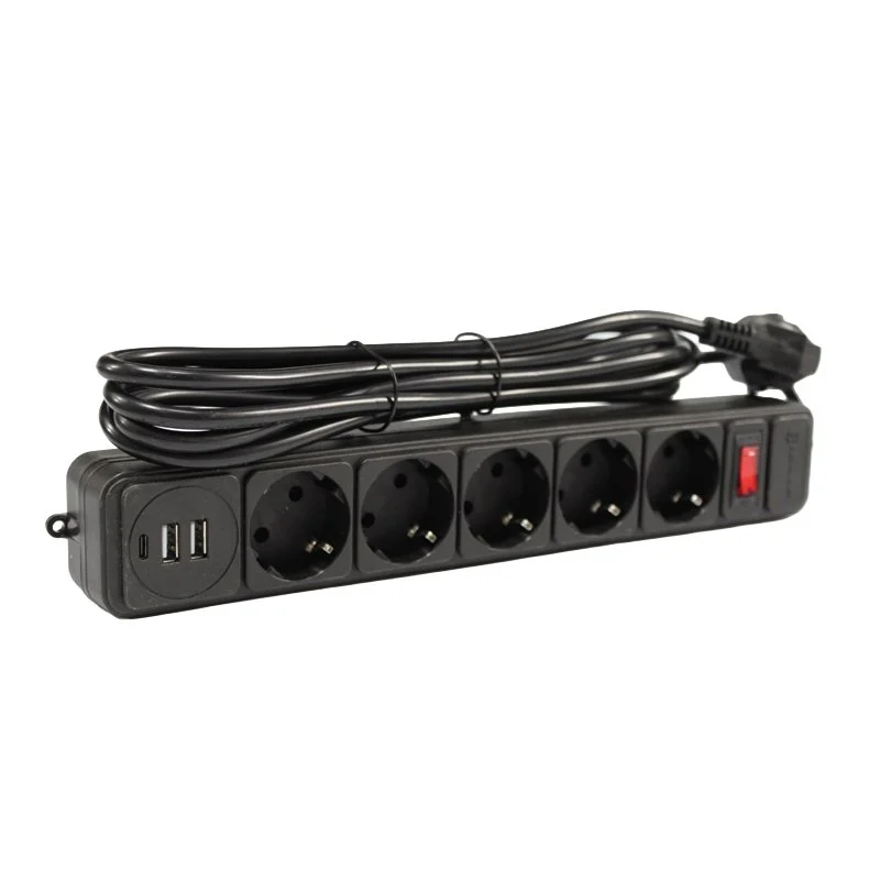 Мережевий фільтр із заземленням 5*3 метра, 2USB A + 1USB C, чорний