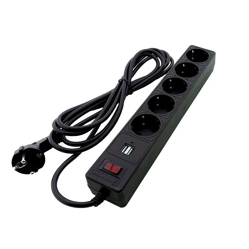 Мережевий фільтр із заземленням 5 гнізд + 2USB, 3 м, чорний, захисні шторки ElectroHouse EH-NFBU-5.3 — фото 2