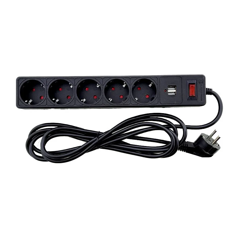 Мережевий фільтр із заземленням 5 гнізд + 2USB, 3 м, чорний, захисні шторки ElectroHouse EH-NFBU-5.3 — фото 4