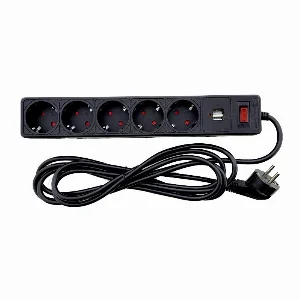 Мережевий фільтр із заземленням 5 гнізд + 2USB, 3 м, чорний, захисні шторки