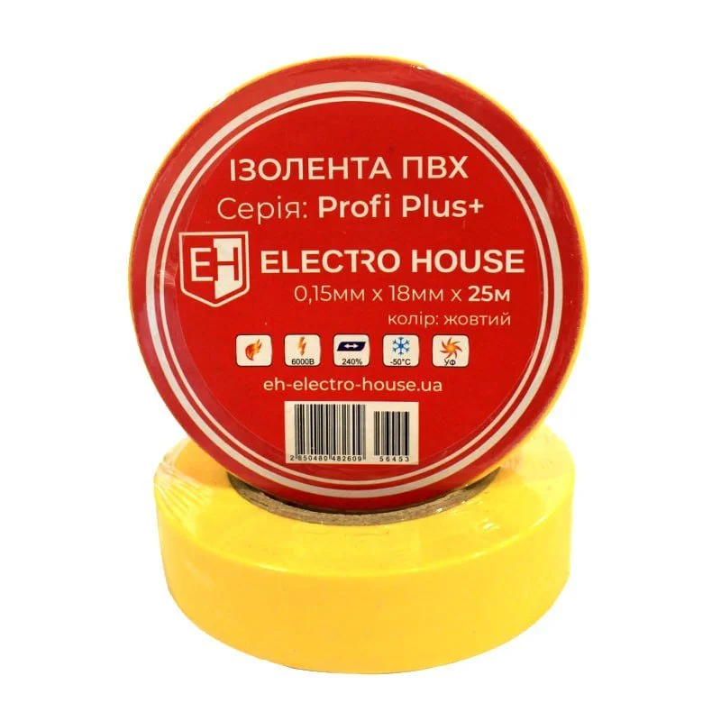 Жовта ізоляційна стрічка 25 м ElectroHouse EH-AHT-1830 — фото 2