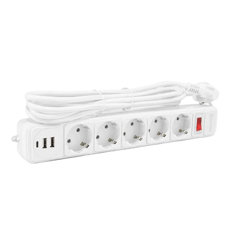 Мережевий фільтр із заземленням 5*3 метра, 2USB A + 1USB C, білий