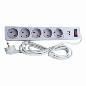 Сетевой фильтр с заземлением 5 гнезд + 2USB, 3 м, серый, защитные шторки